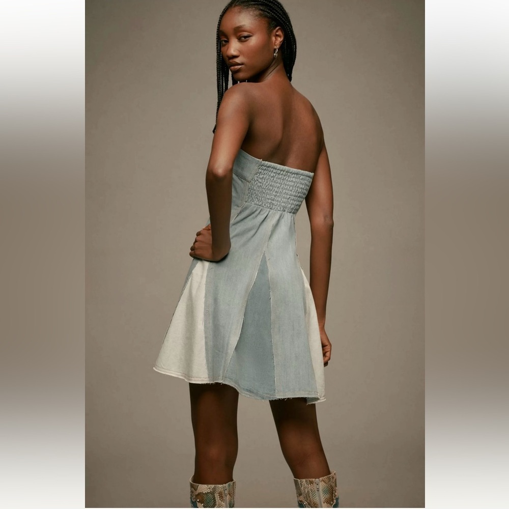 Pilcro Strapless Blue and Cream Dress - Picture 2 of 14